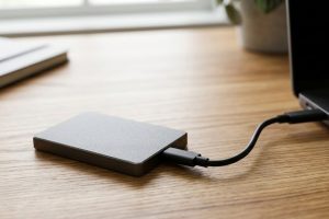 Внешний SSD-накопитель, подключённый к ноутбуку для резервного копирования