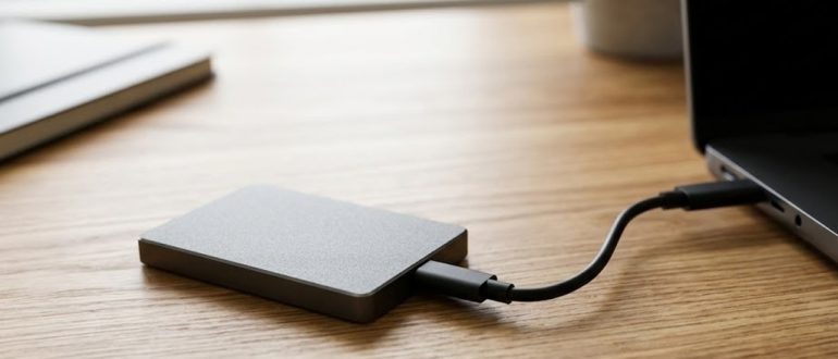 Внешний SSD-накопитель, подключённый к ноутбуку для резервного копирования