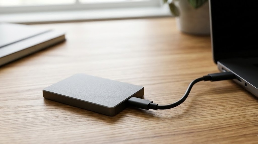 Внешний SSD-накопитель, подключённый к ноутбуку для резервного копирования