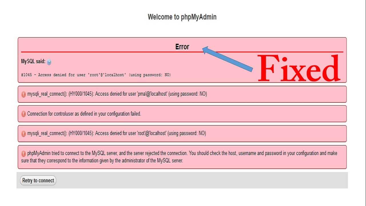 1045 access denied for user root. MYSQL PMA__. Mysqli::real_connect(): (hy000/1045): access denied for user 'root'@'localhost' (using password: Yes). Mysqli::real_connect(): (hy000/2002): connection refused. Mysqli::real_connect(): (hy000/1045): access denied for user 'root'@'localhost' (using password: no).