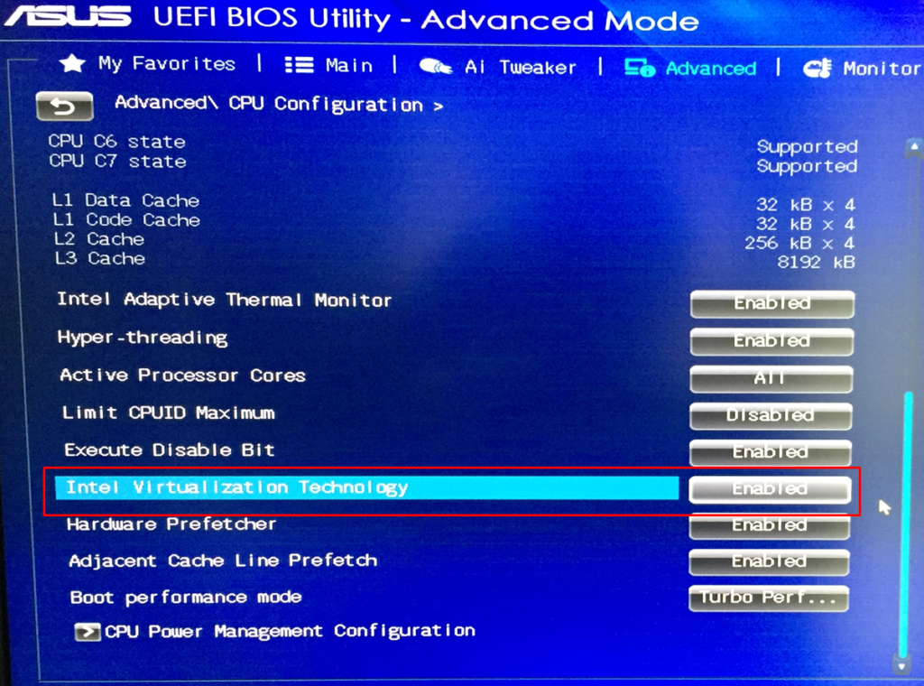 Включить аппаратную виртуализацию vt-x / amd-v в bios или uefi